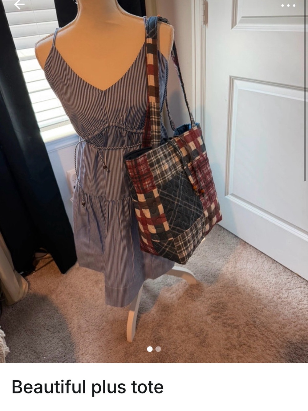 Plaid Patchwork Tote Bag in Red, Navy & Cream